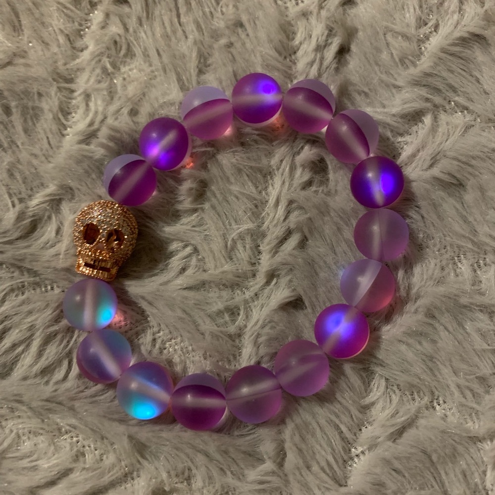 Iridescent moonstone stretch bracelet pave skull